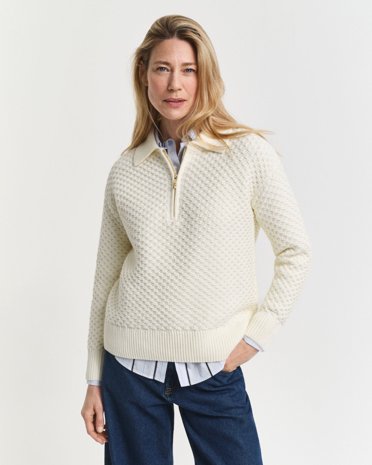 Pull à demi-zip en coton texturé