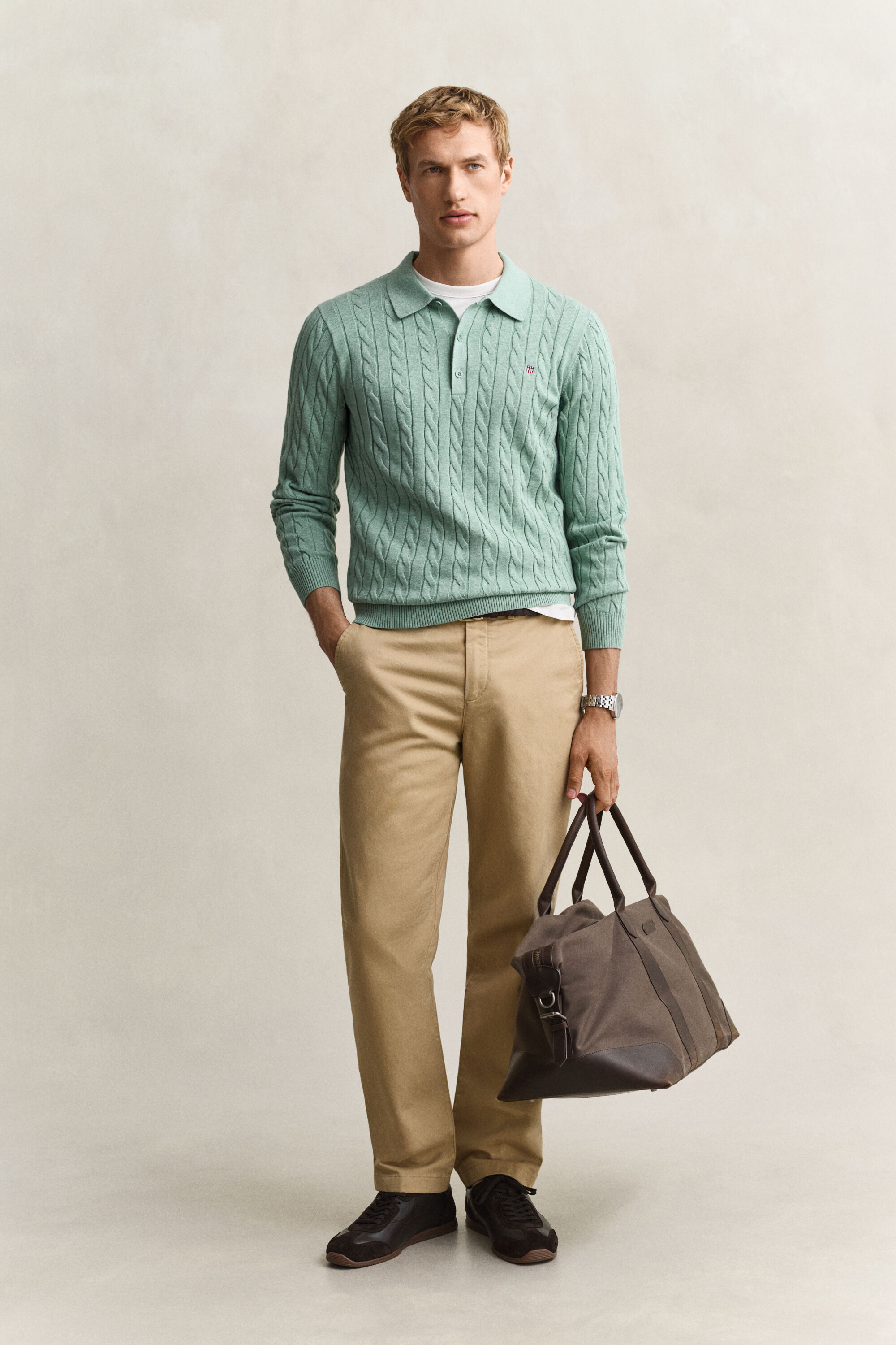 Pull façon polo en maille de coton à torsades