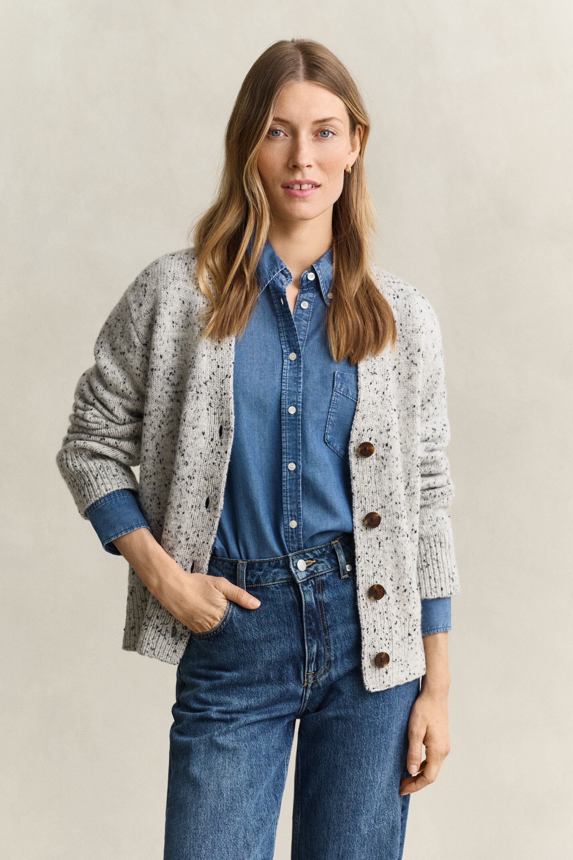 Cardigan en laine mouchetée mélangée