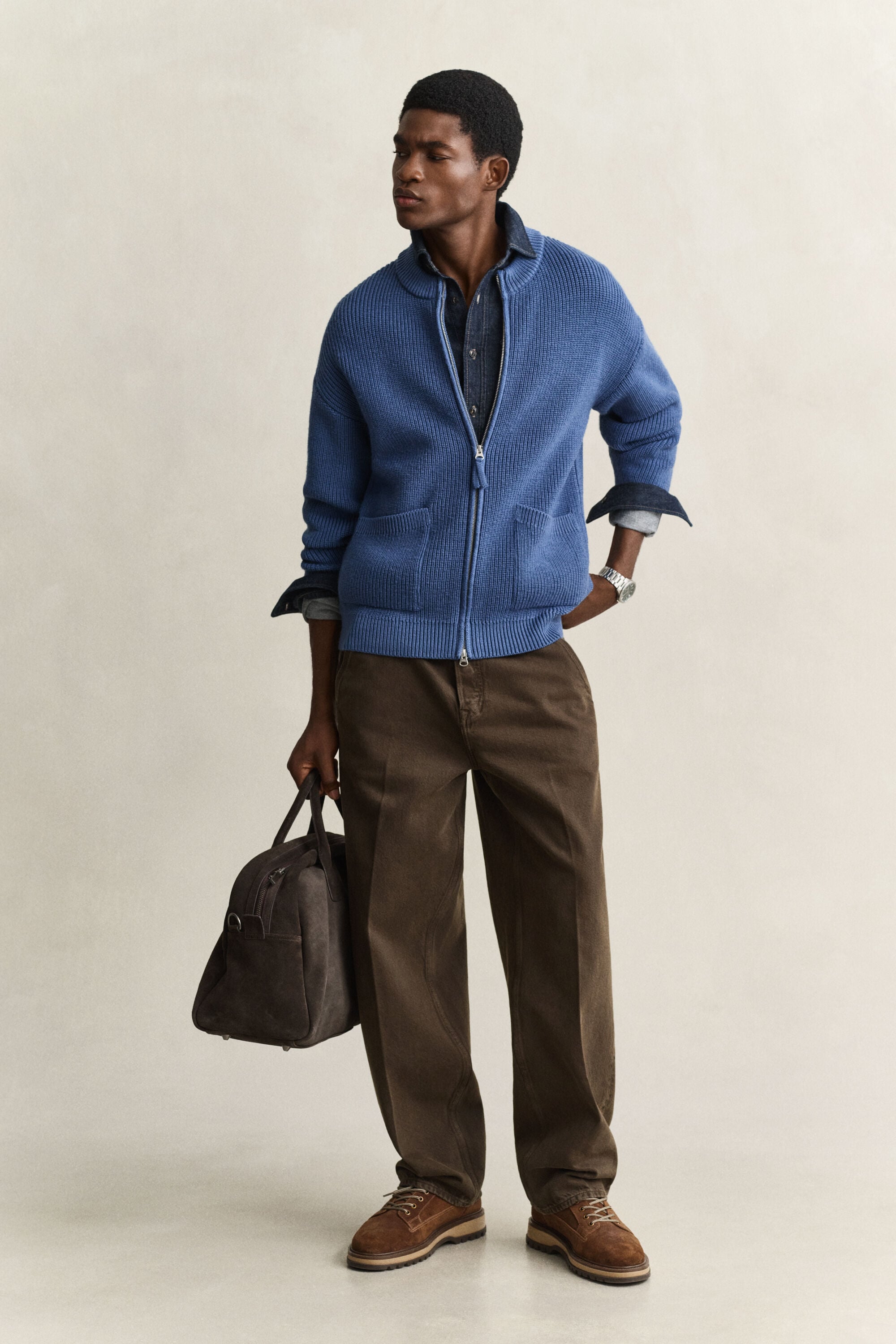 Cardigan zippé en laine côtelée