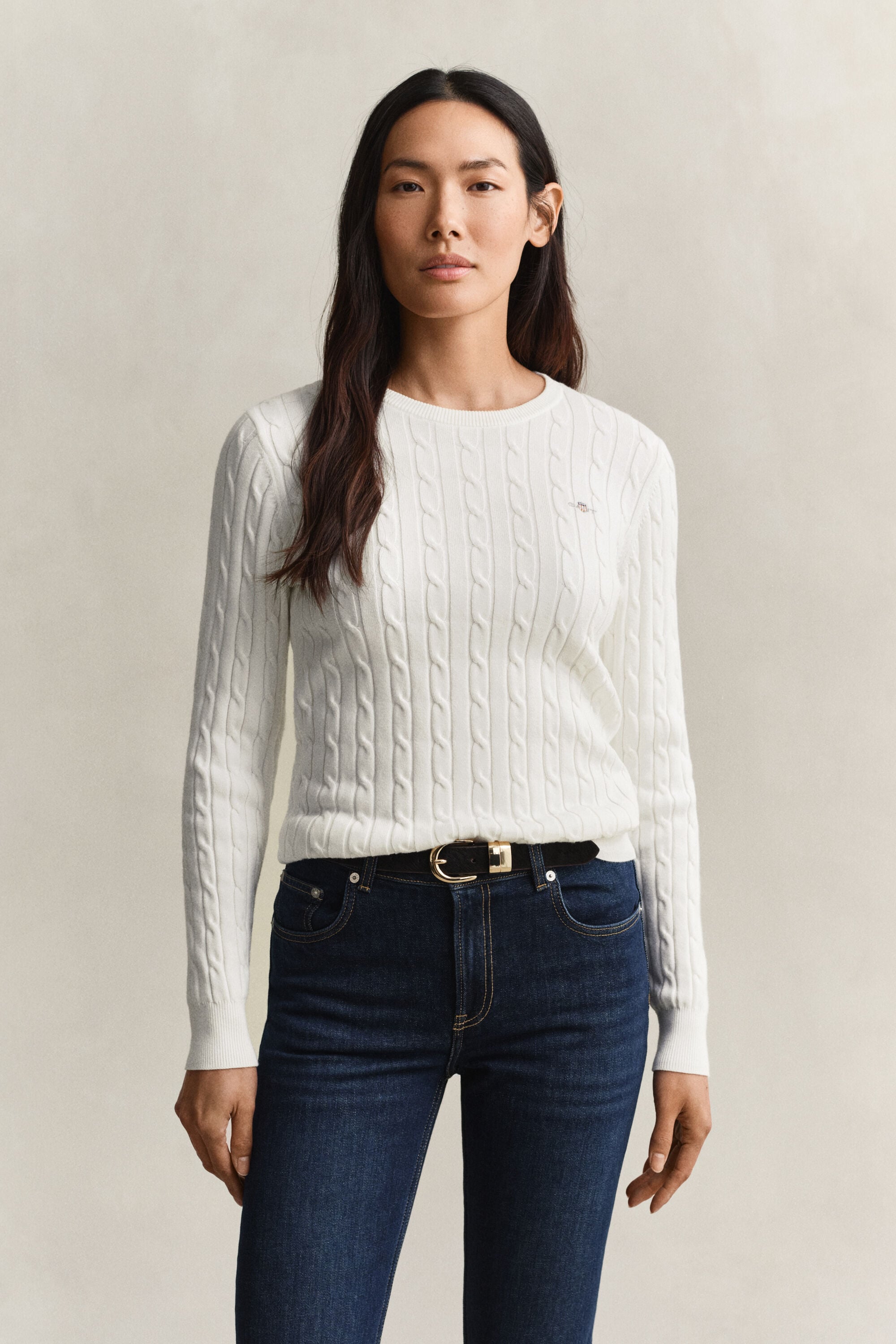 Pull col rond en maille de coton stretch à torsades
