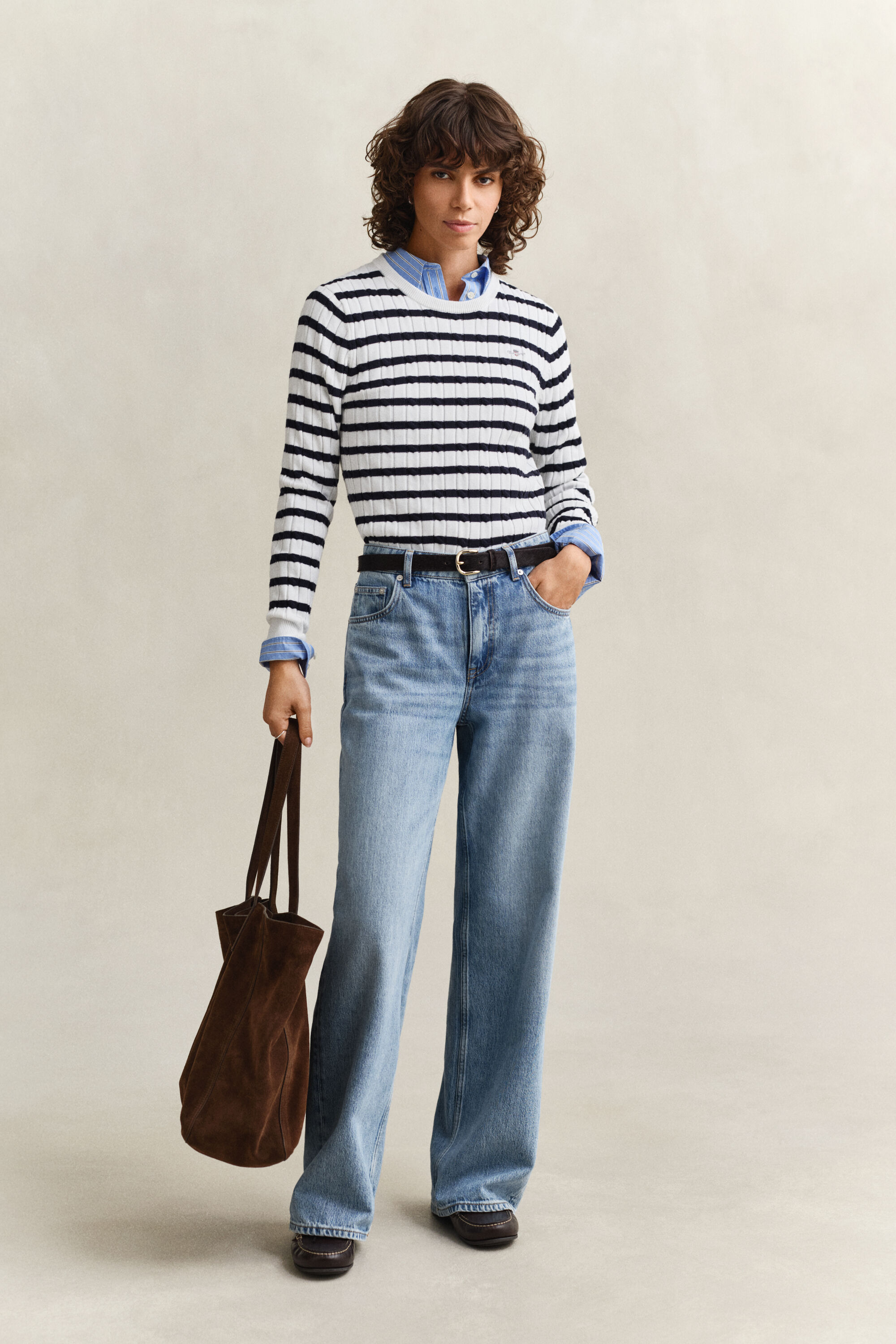 Pull col rond en maille torsadée à rayures