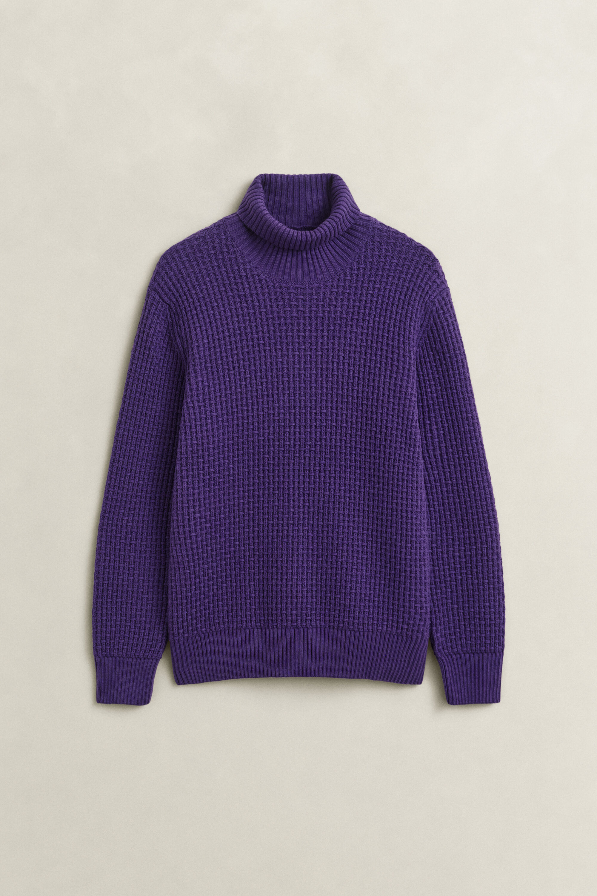 Pull texturé à col roulé en coton et laine