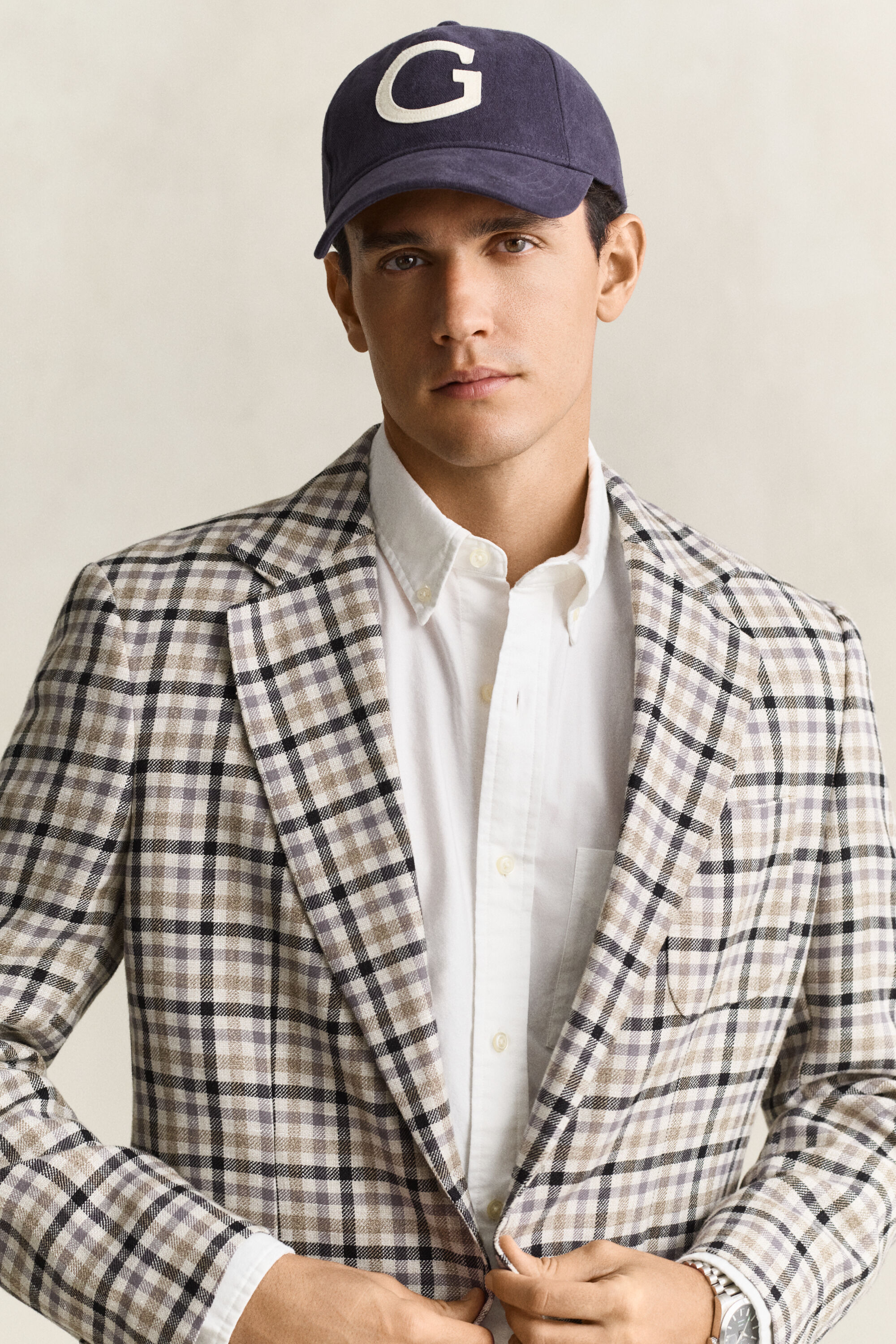 Veste blazer en lin et laine à carreaux