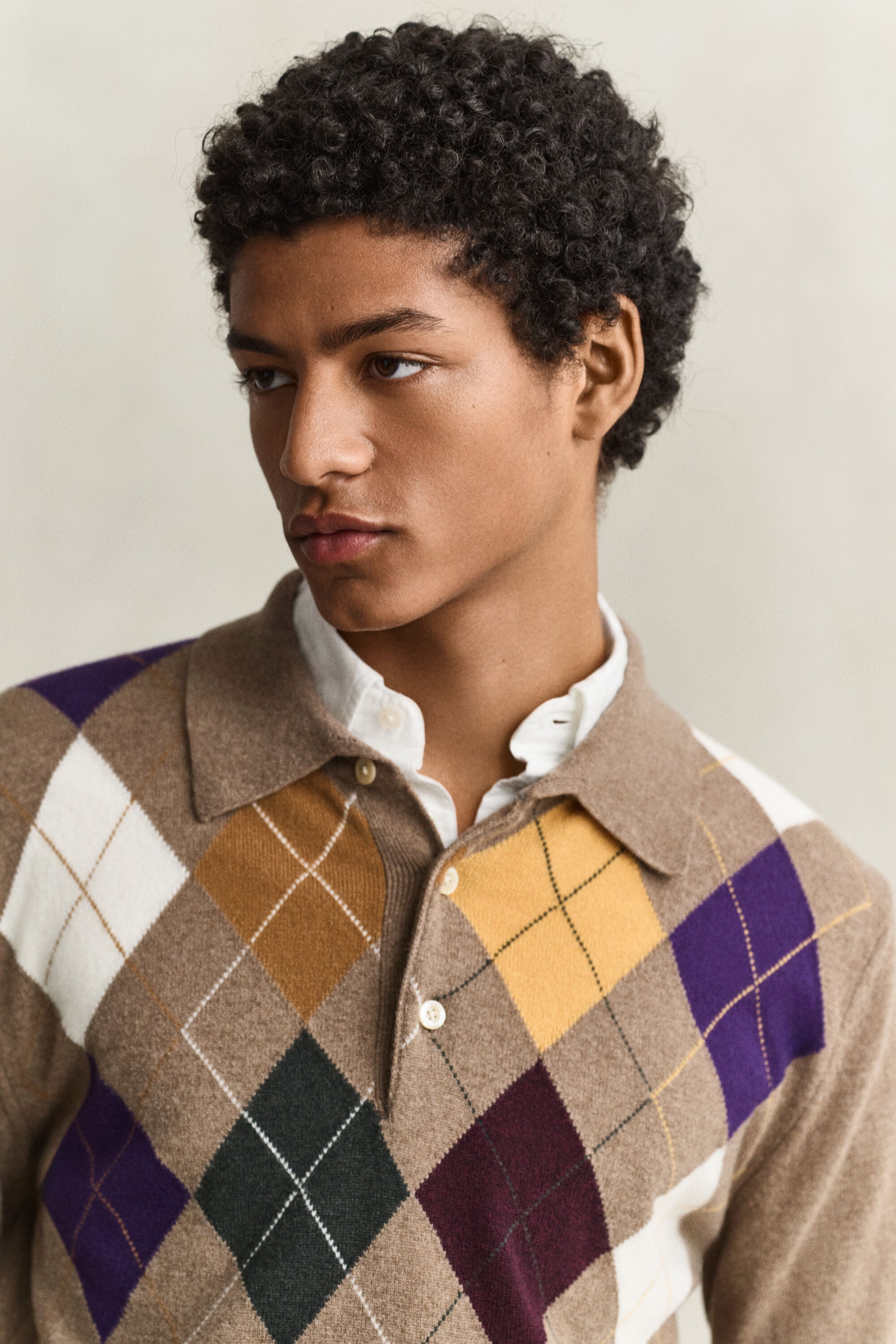Pull argyle façon polo en laine d’agneau ultrafine