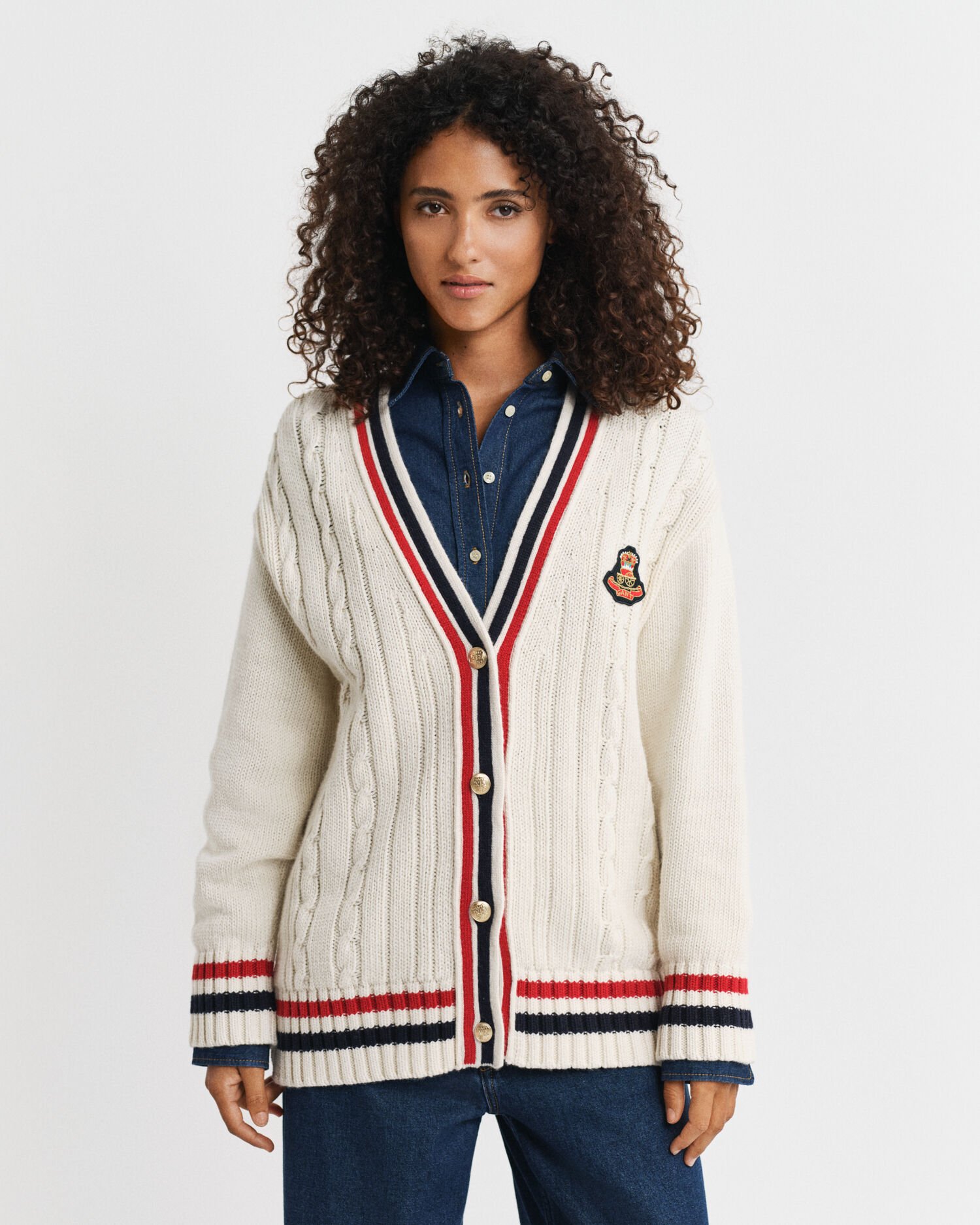Cardigan col V en maille torsadée Gant Varsity