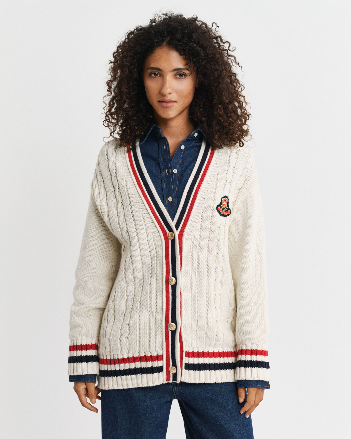 Cardigan col V en maille torsadée Gant Varsity