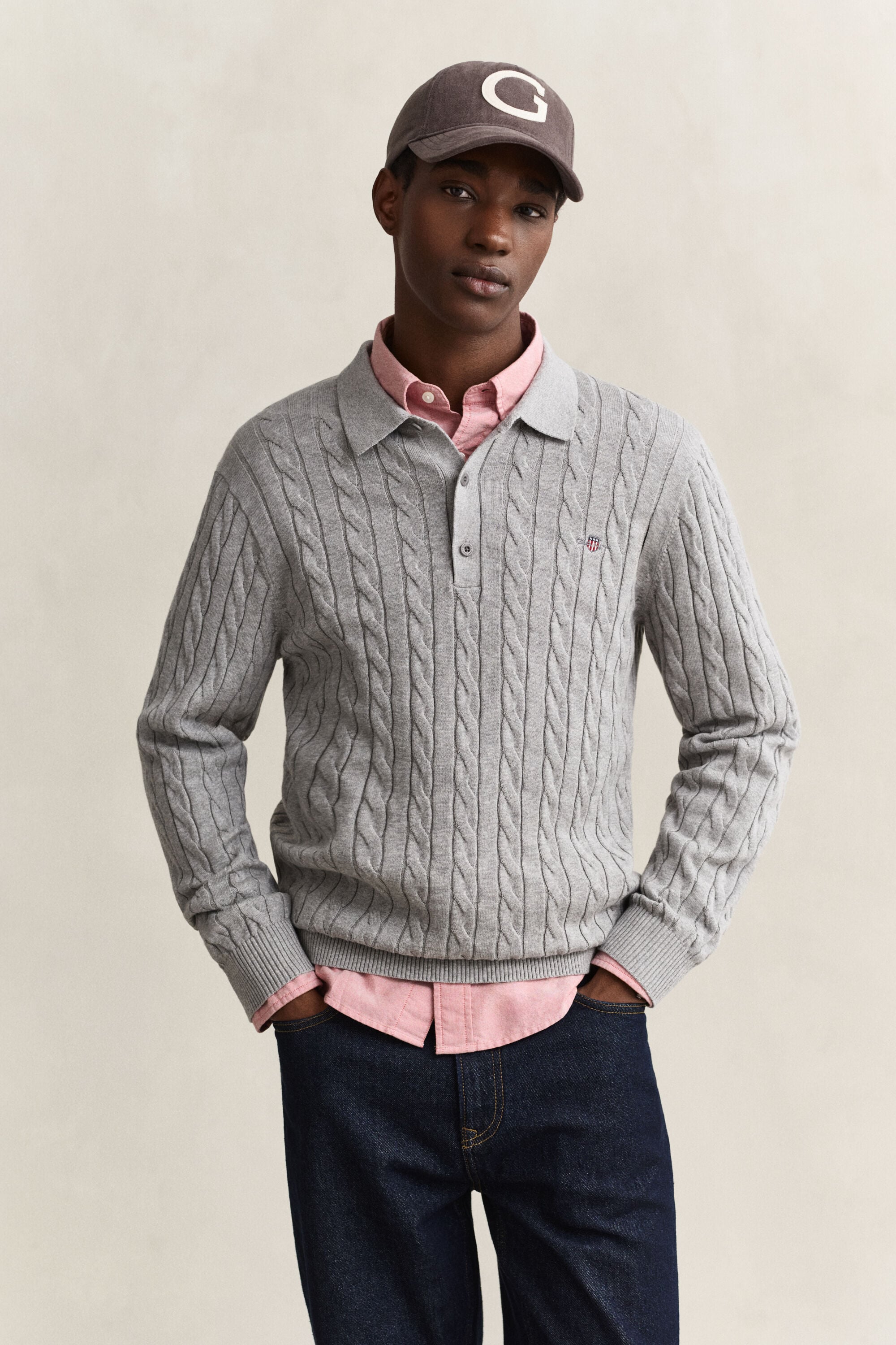 Pull façon polo en maille de coton à torsades