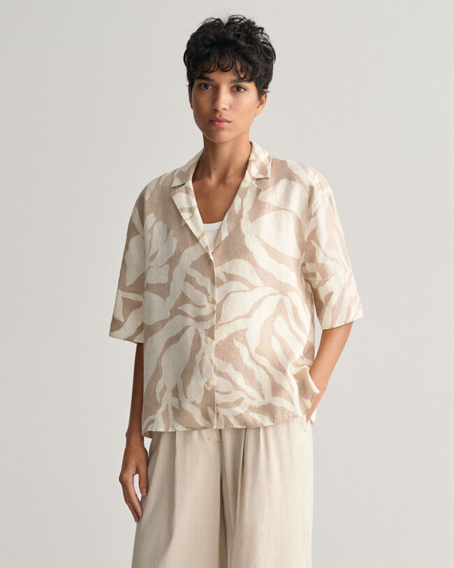 Chemise relaxed fit en lin &agrave; manches courtes Palm Print