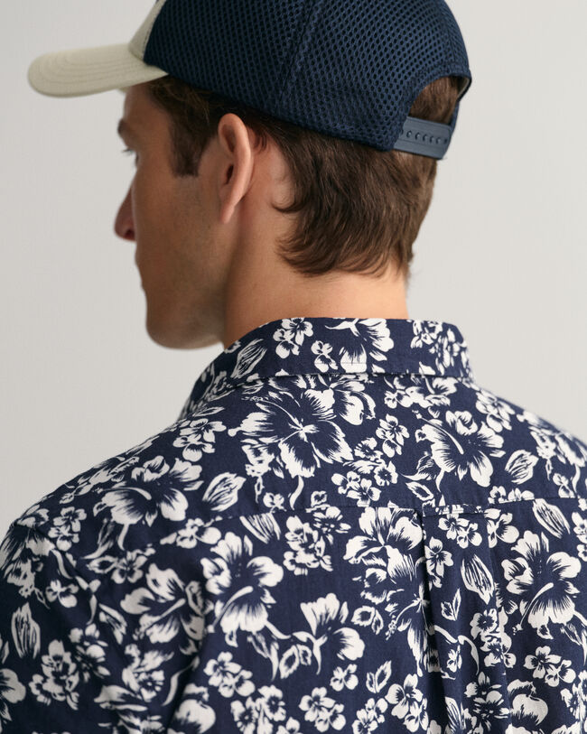 Chemise regular fit en coton et lin &agrave; imprim&eacute; floral et manches courtes