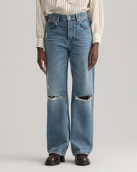 Jean relaxed fit taille haute &agrave; jambes droites avec d&eacute;chirures