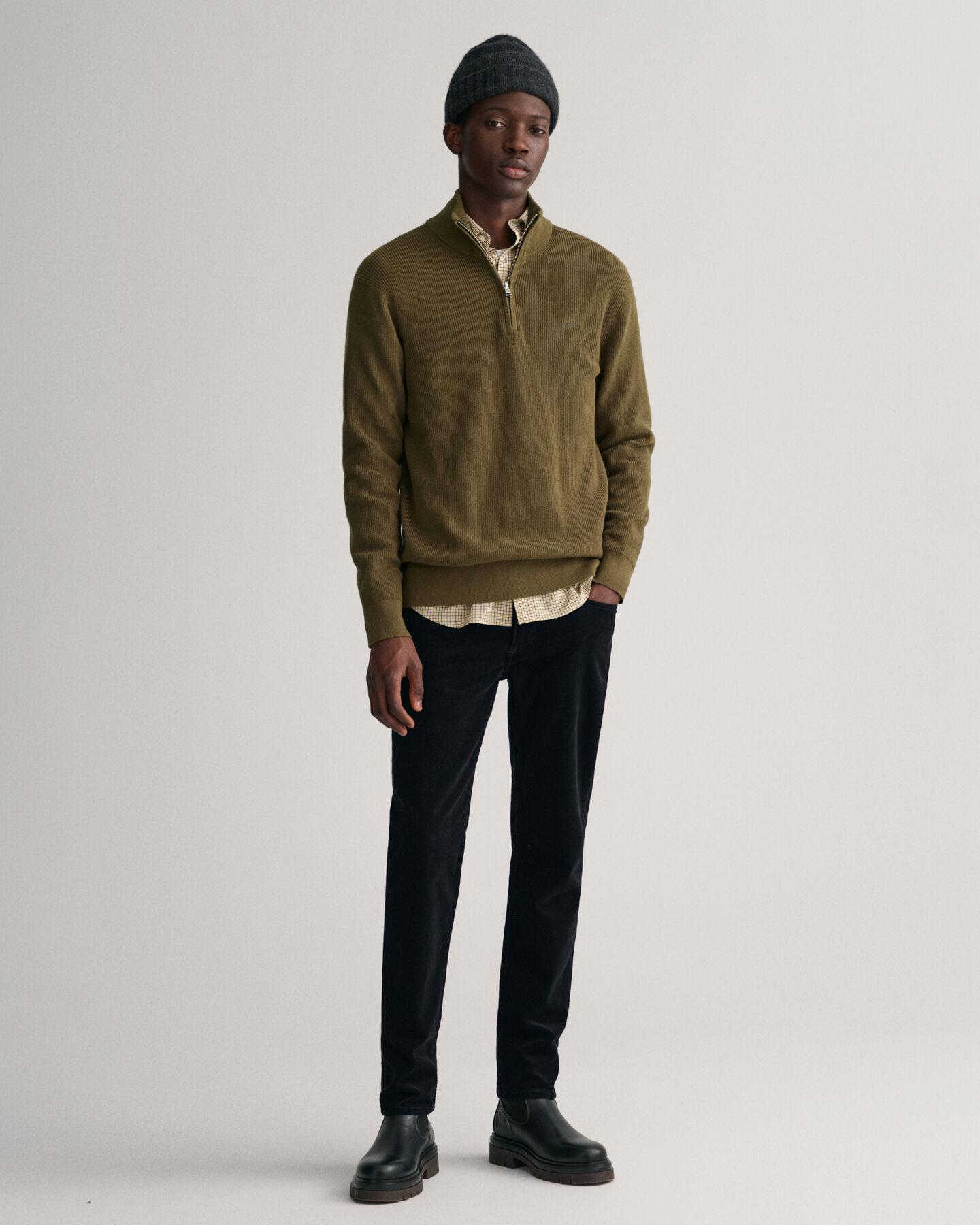 Pull à demi-zip en laine et coton côtelés