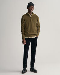 Pull à demi-zip en laine et coton côtelés