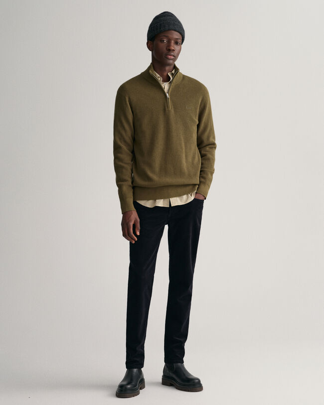 Pull à demi-zip en laine et coton côtelés