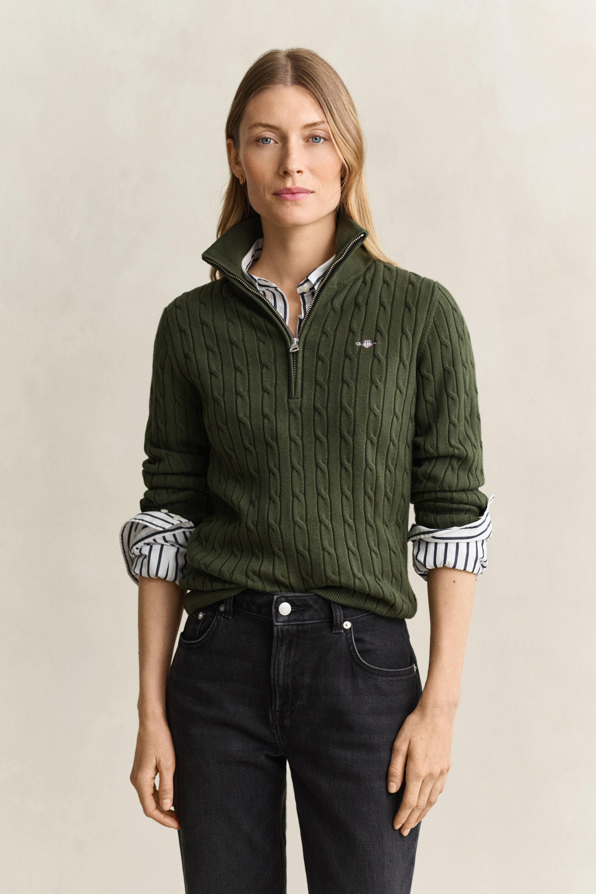 Pull à demi-zip en maille torsadée extensible