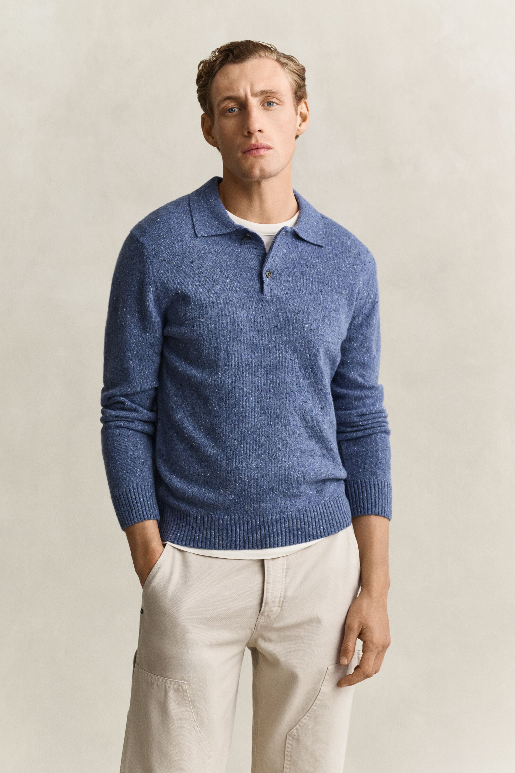 Pull façon polo en laine mouchetée mélangée