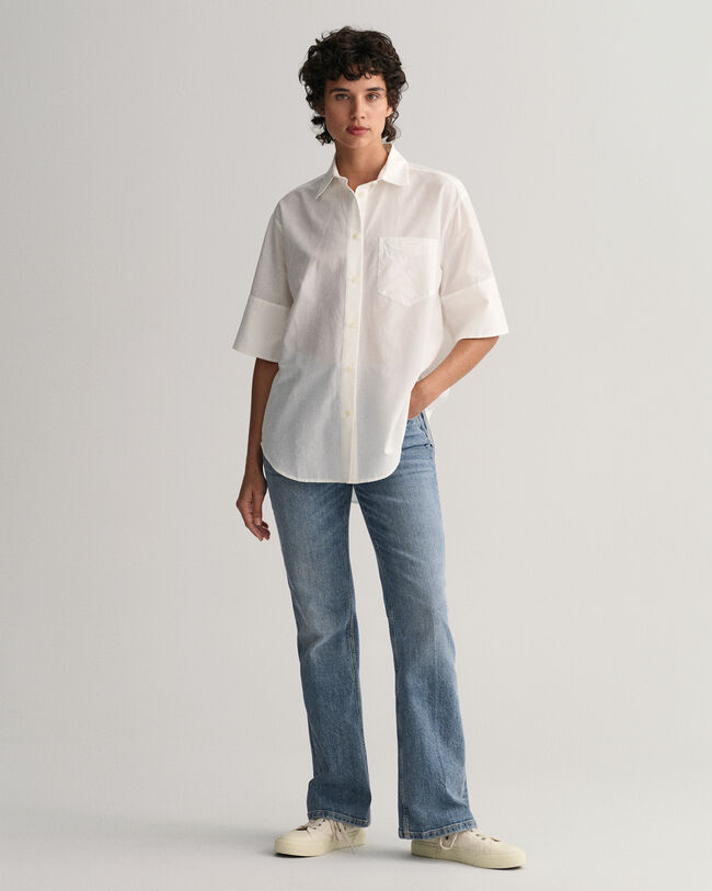 Chemise relaxed fit en coton et soie &agrave; manches courtes