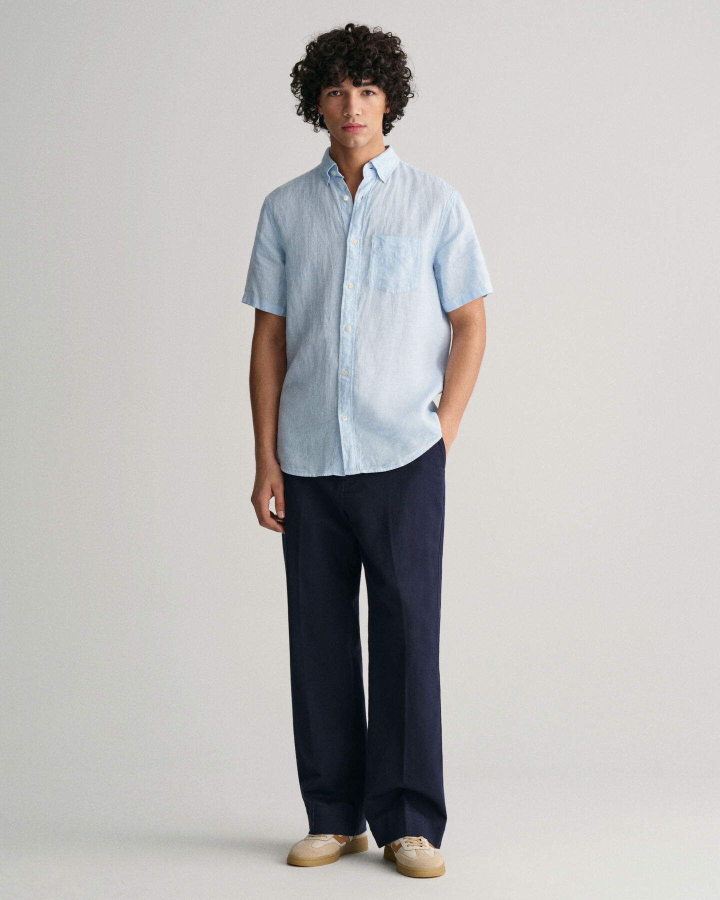 Chemise regular fit en lin &agrave; manches courtes &agrave; motif pied-de-poule