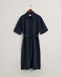 Robe-chemise en lin &agrave; manches courtes