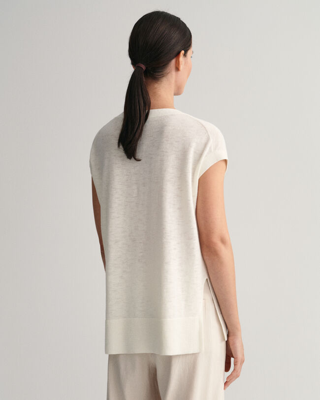 Pull sans manches col V en lin m&eacute;lang&eacute;