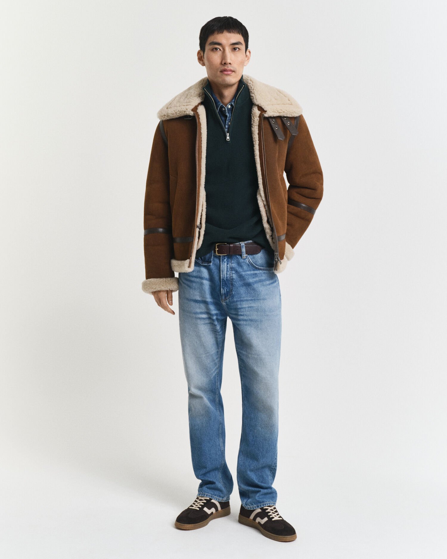 Pull à demi-zip côtelé en coton et laine mérinos