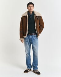 Pull à demi-zip côtelé en coton et laine mérinos