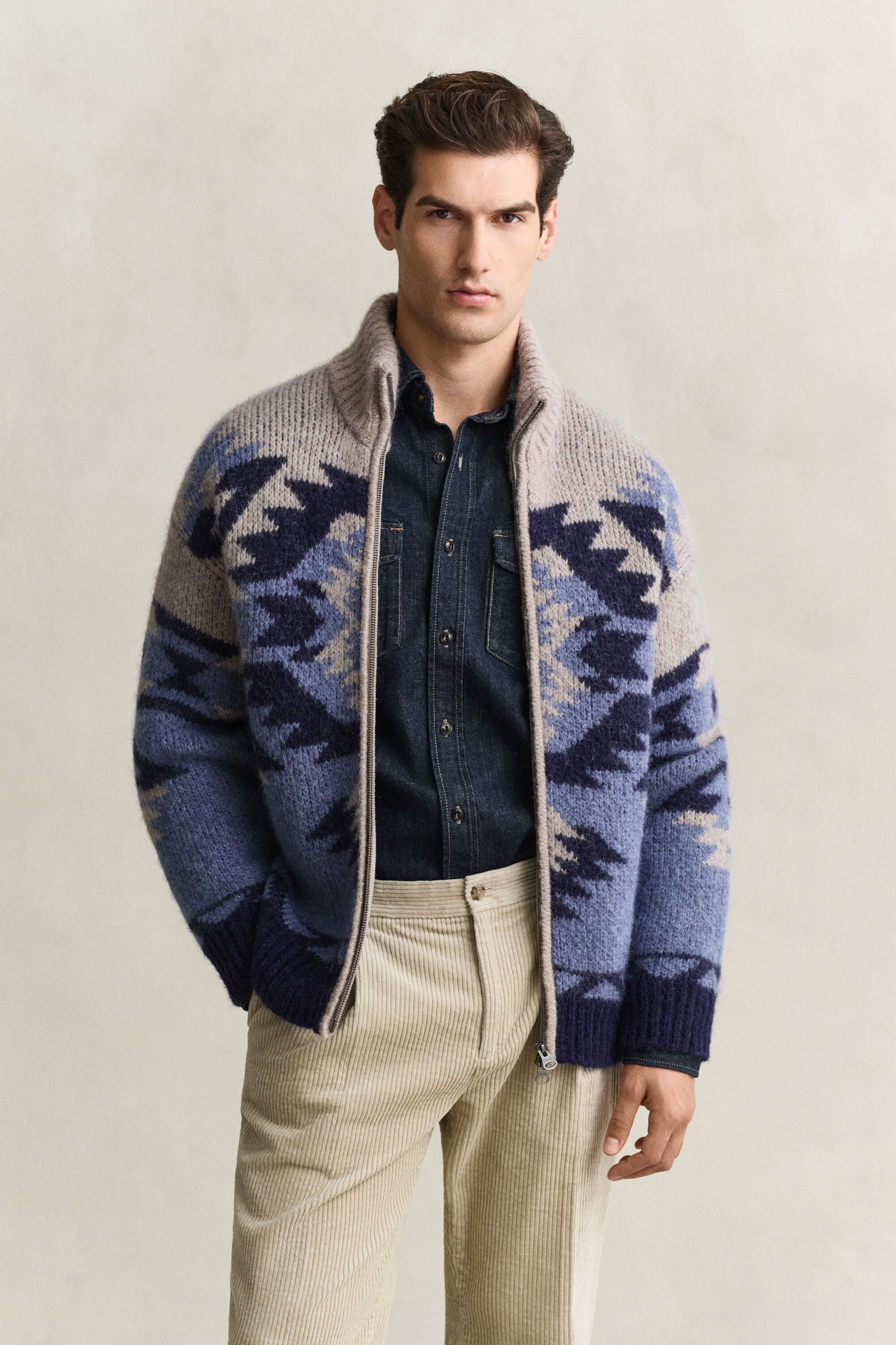 Cardigan jacquard à zip en laine d’alpaga mélangée