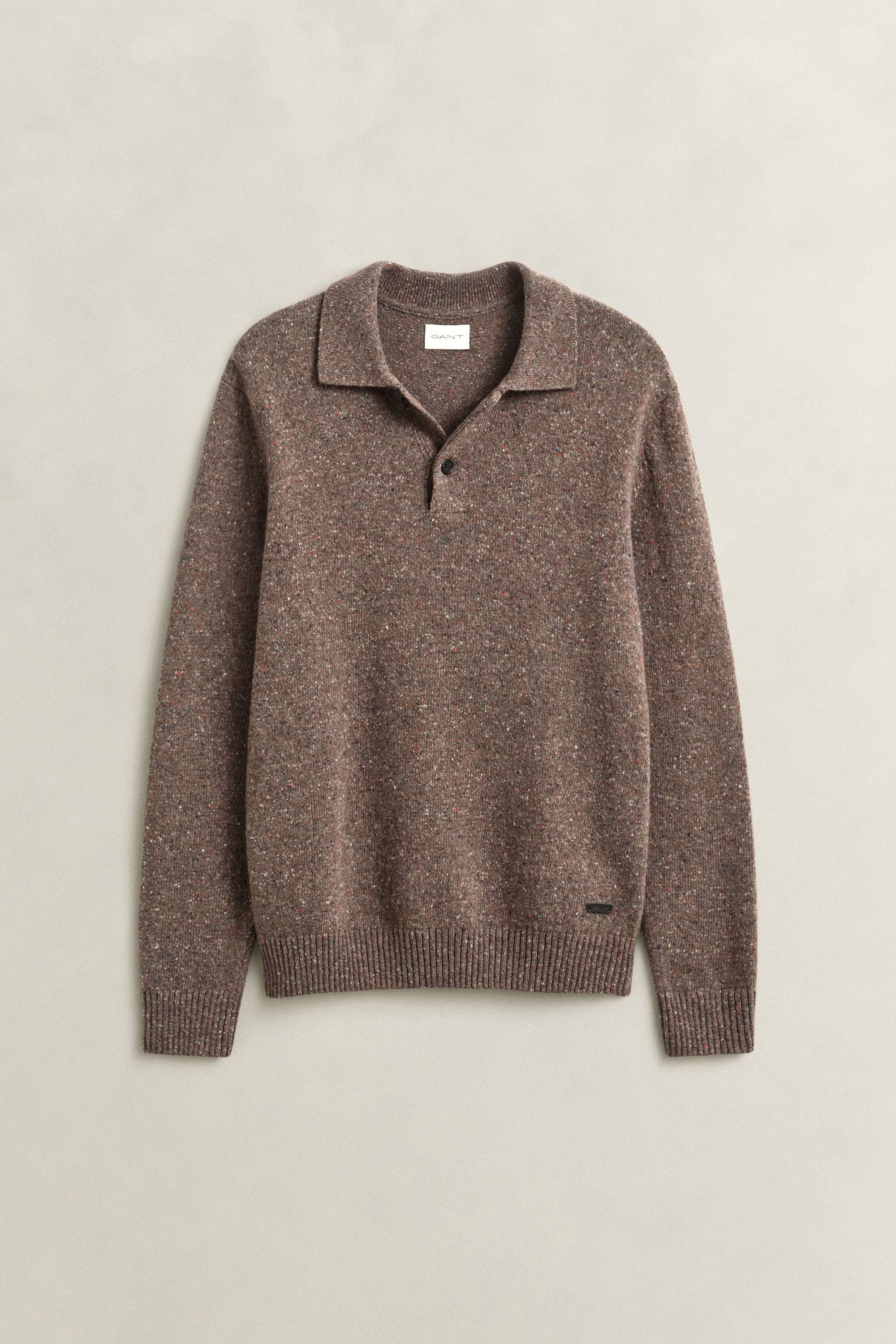 Pull façon polo en laine mouchetée mélangée