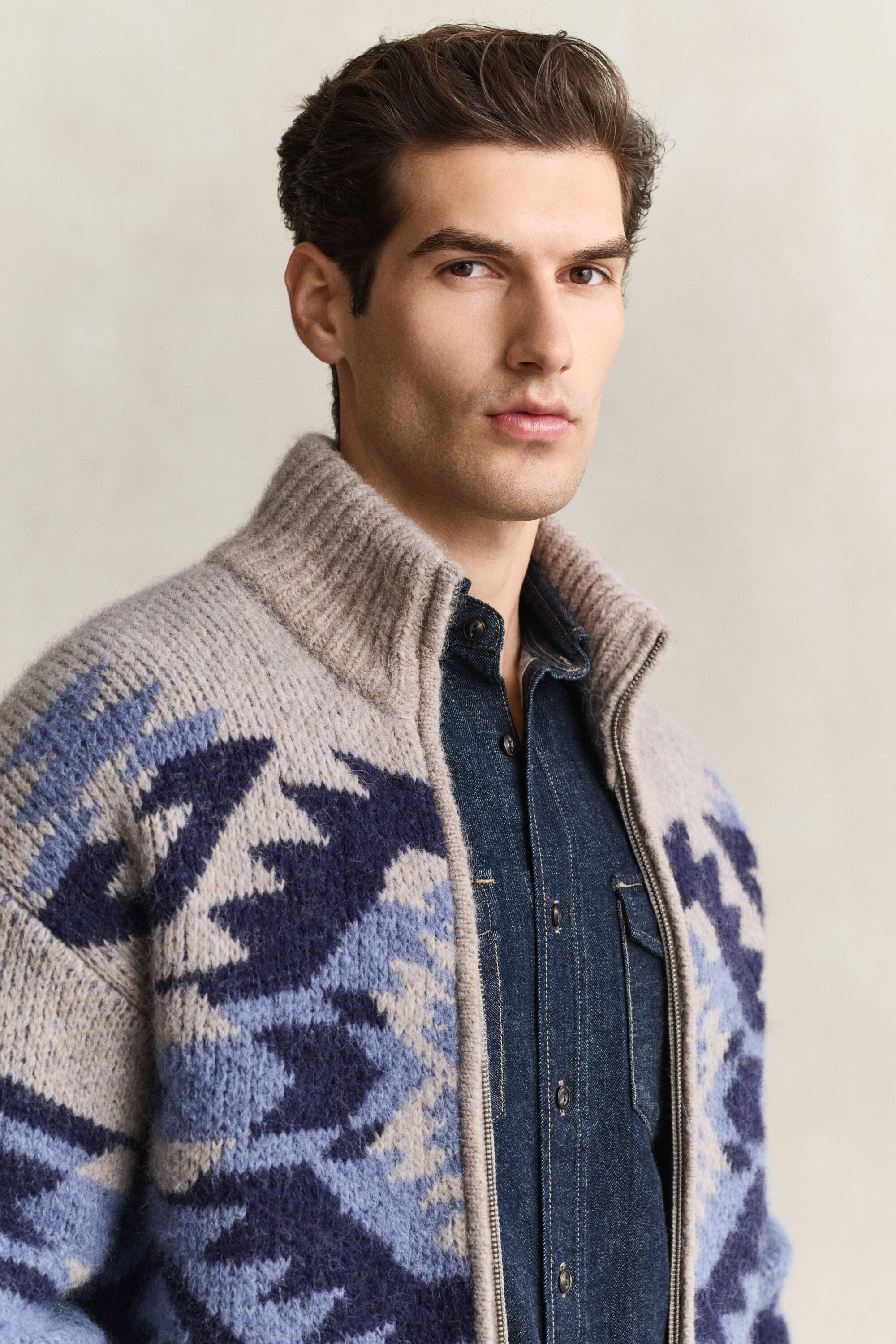 Cardigan jacquard à zip en laine d’alpaga mélangée