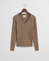 Pull col V en maille de coton stretch à torsades