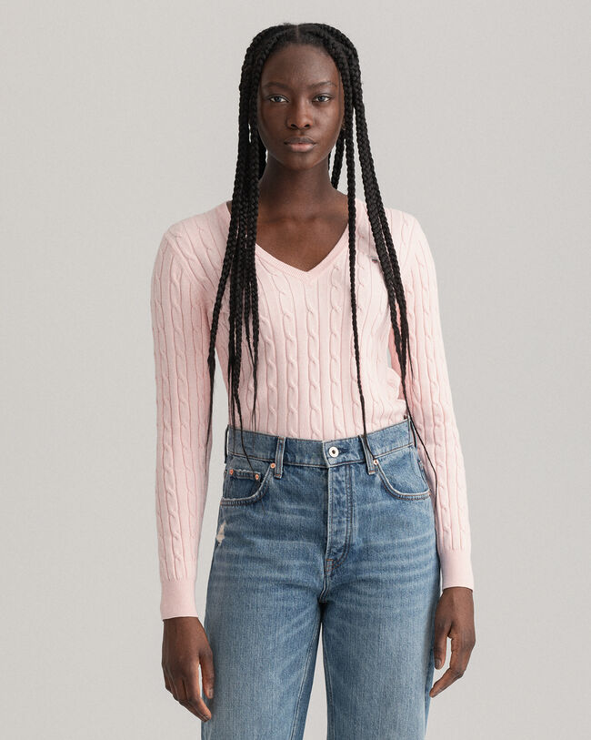 Pull col V en coton stretch &agrave; torsades