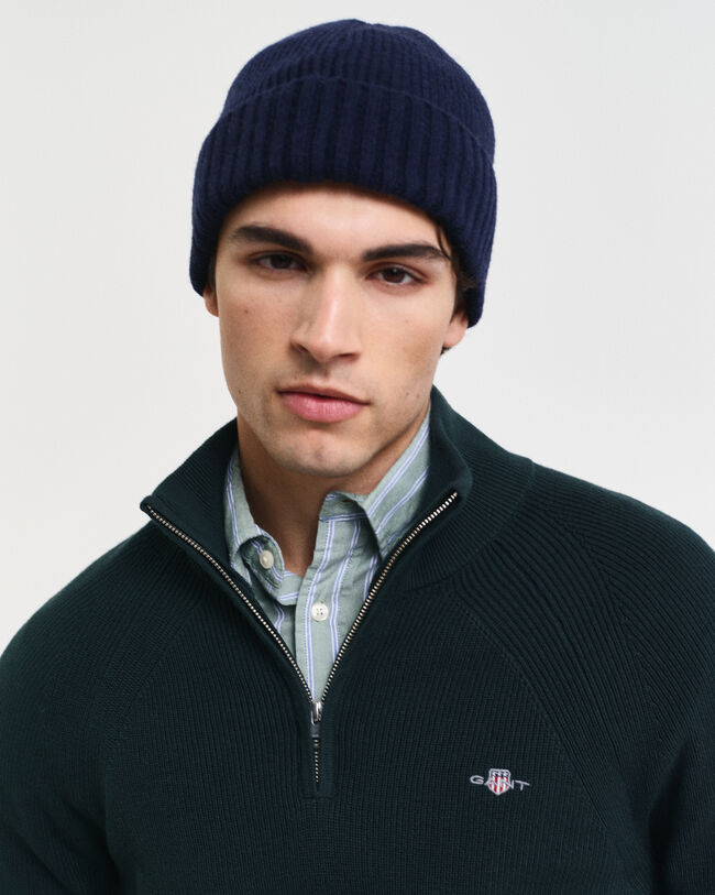 Pull à demi-zip en laine et coton côtelés