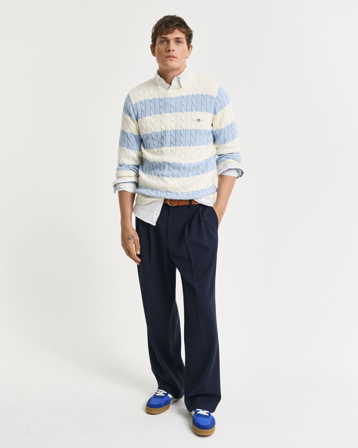 Pull col rond en maille de coton torsadée à rayures