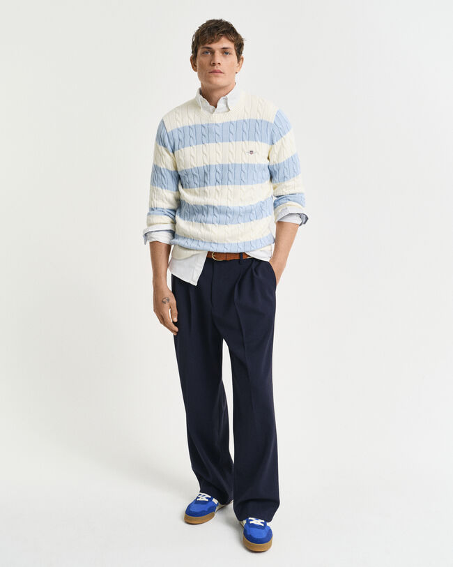 Pull col rond en maille de coton torsadée à rayures