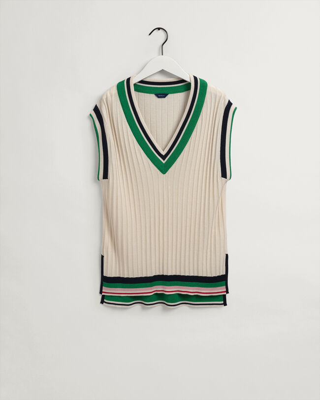 Pull sans manches en maille c&ocirc;tel&eacute;e &agrave; rayures