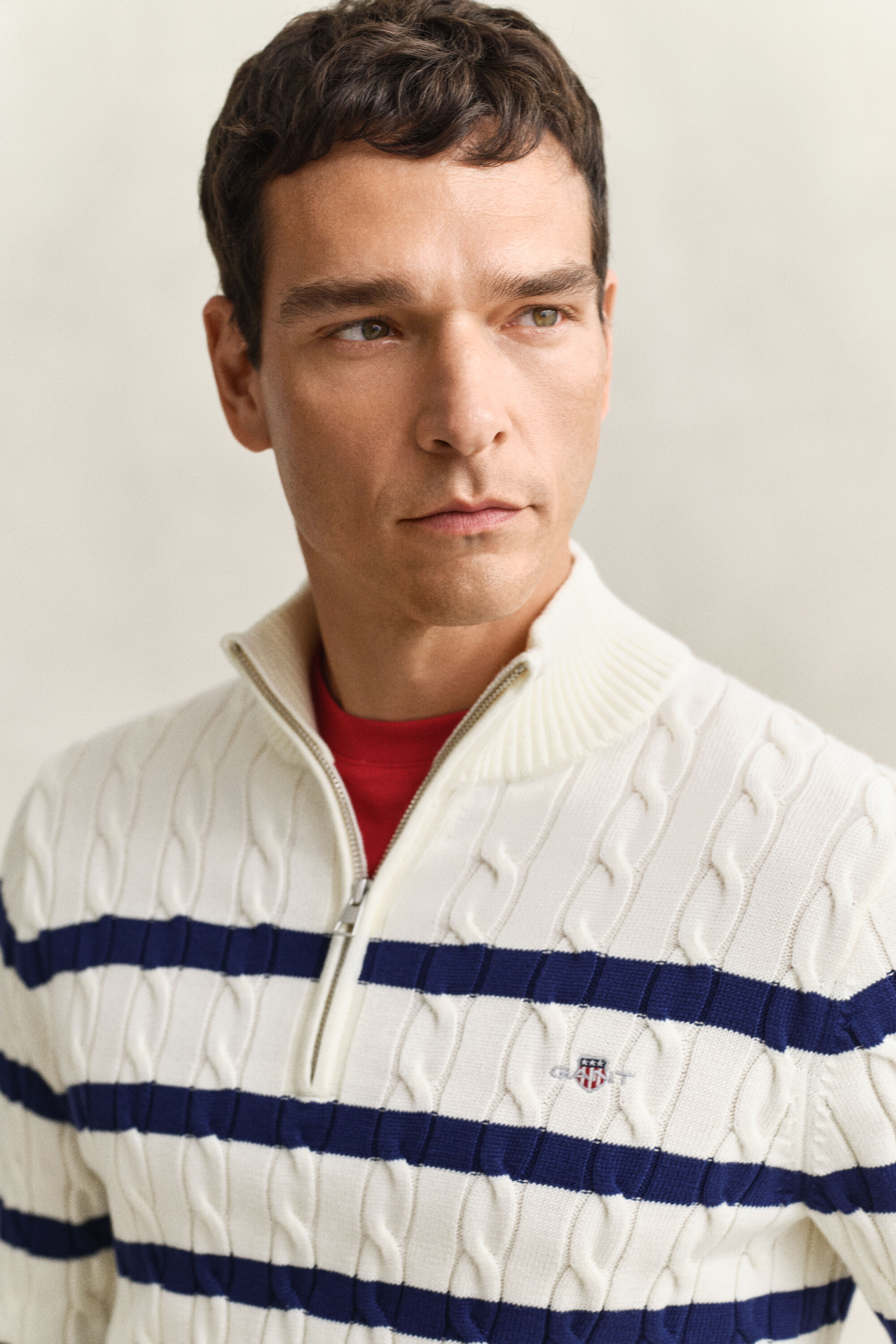 Pull à demi-zip en maille de coton torsadée à rayures