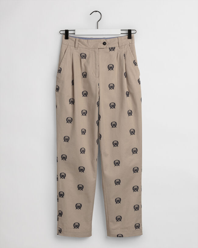Pantalon chino pliss&eacute; taille haute &agrave; broderies Crest