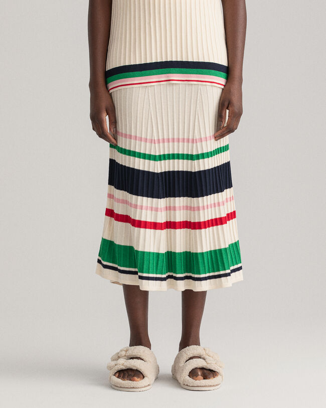 Jupe en maille c&ocirc;tel&eacute;e &agrave; rayures