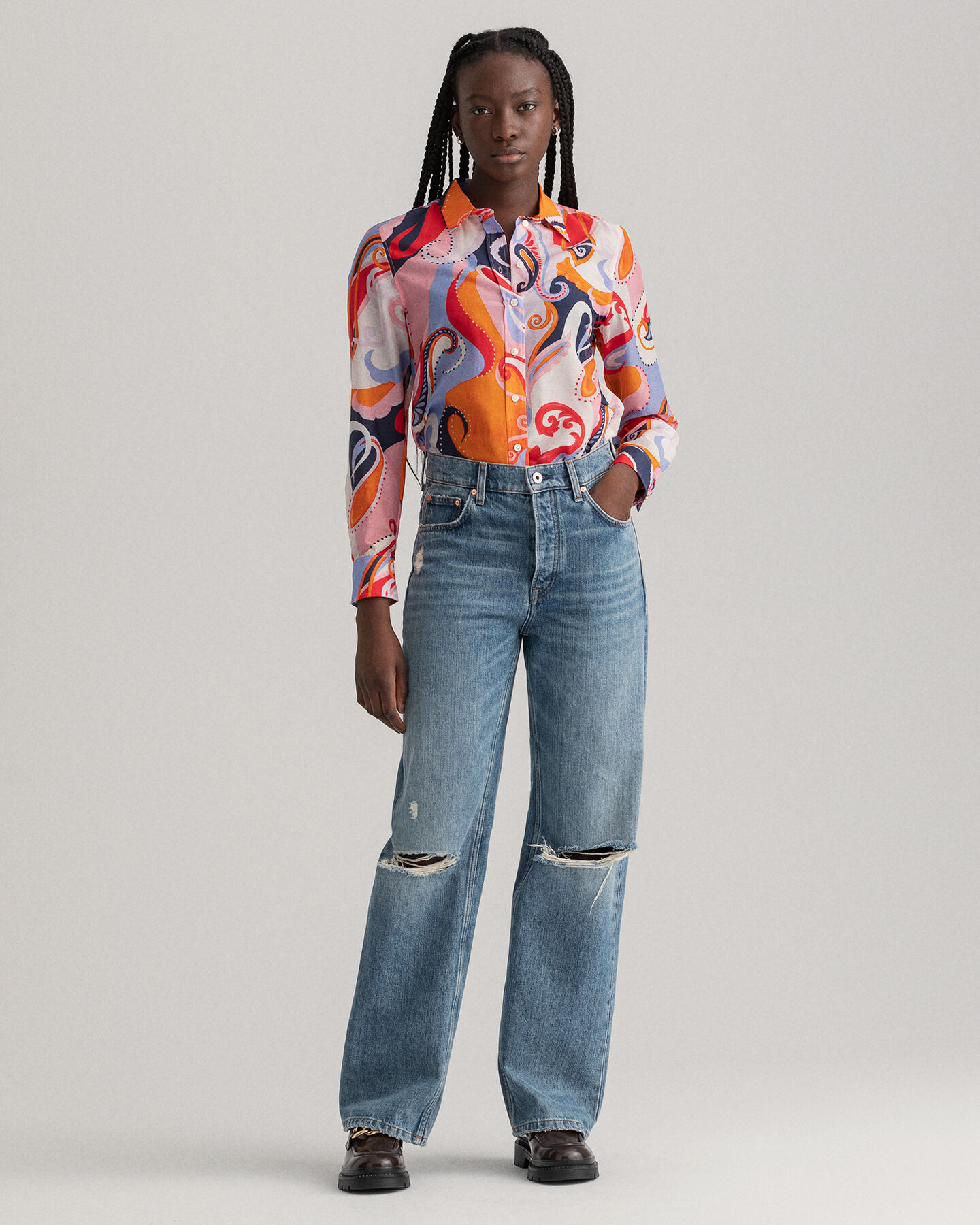 Chemise regular fit en coton et soie &agrave; motif cachemire