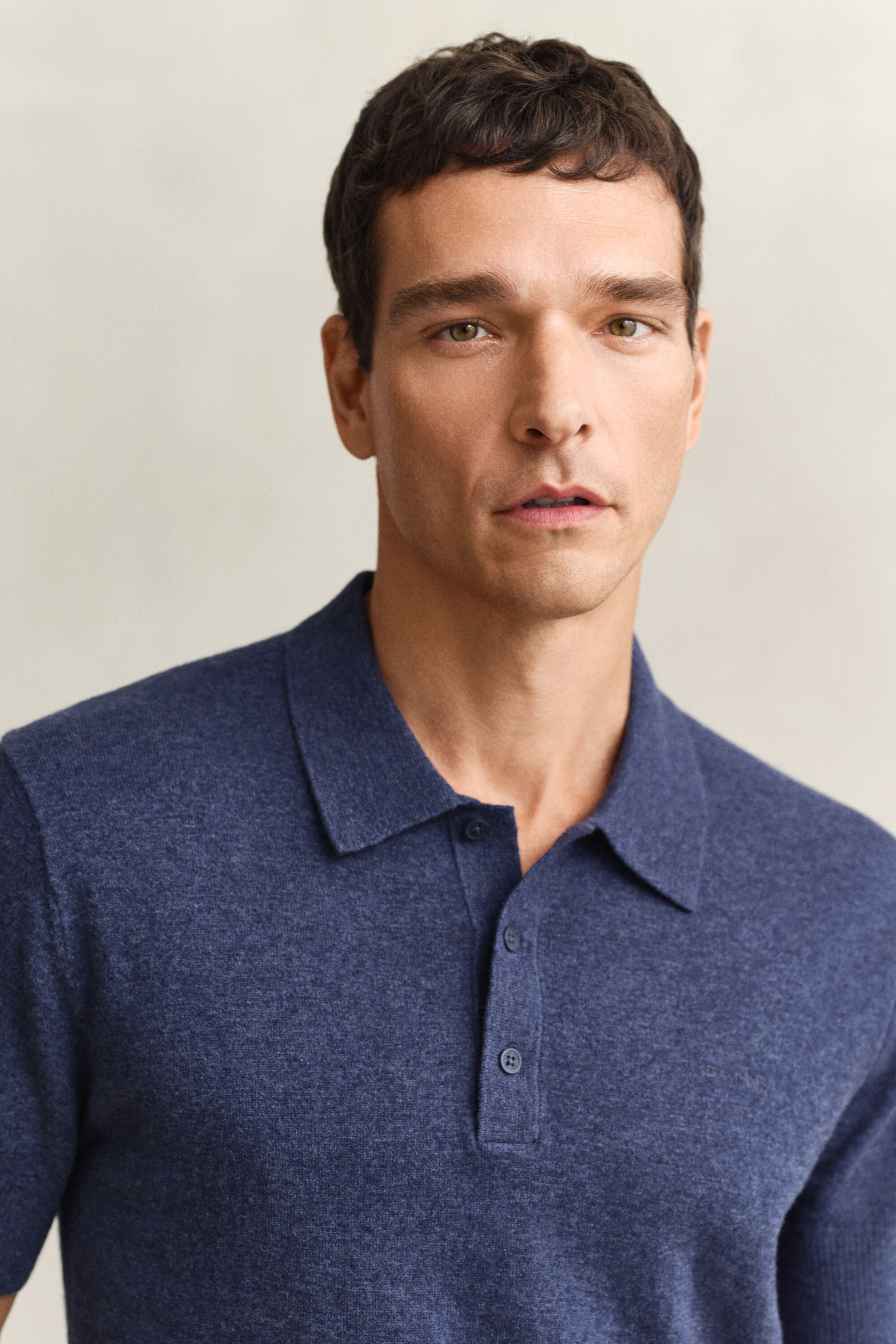 Pull à manches courtes façon polo en coton mélangé flammé