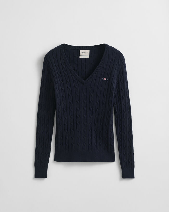 Pull col V en maille de coton stretch à torsades