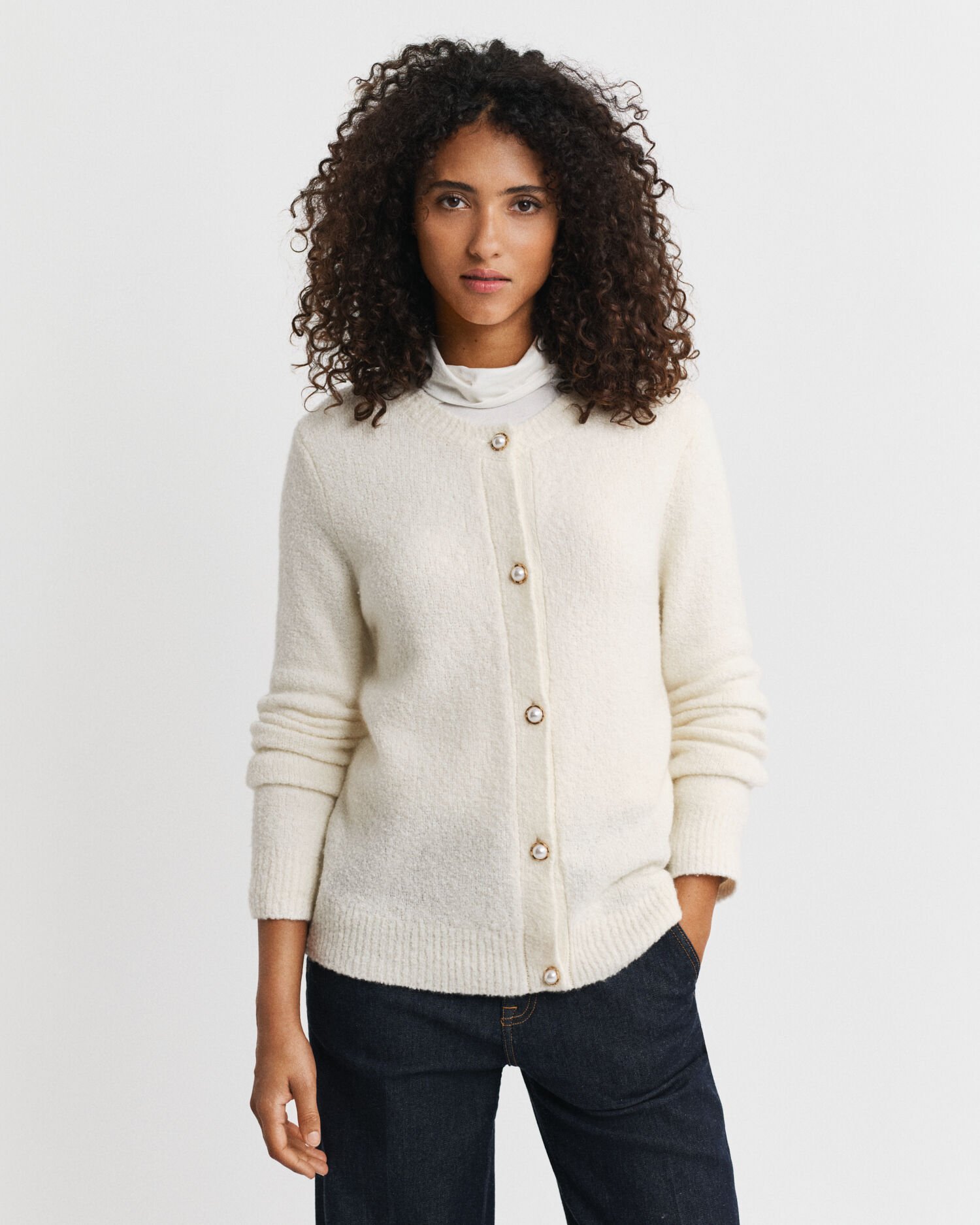 Cardigan col rond en tissu bouclé