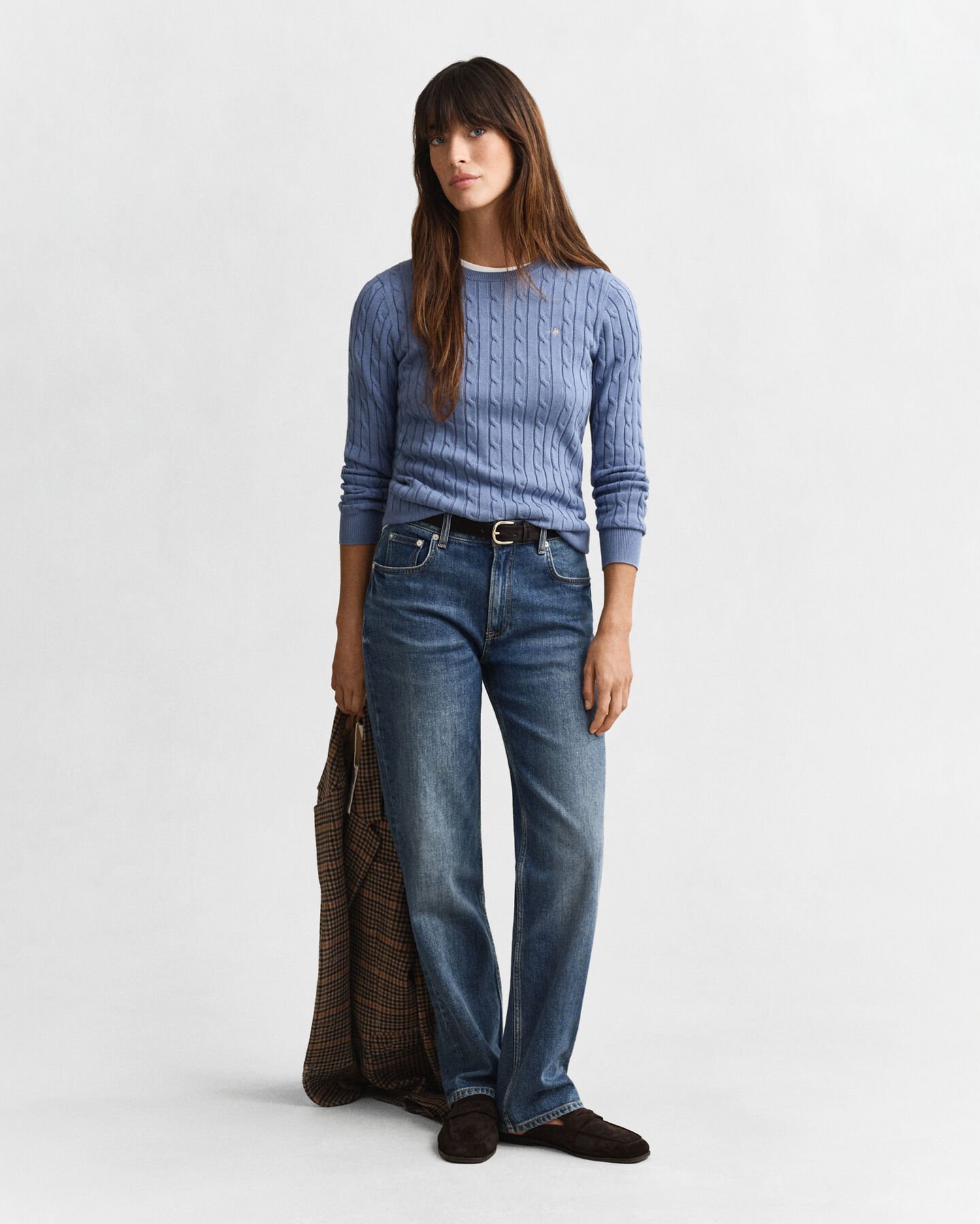 Pull col rond en maille de coton stretch à torsades