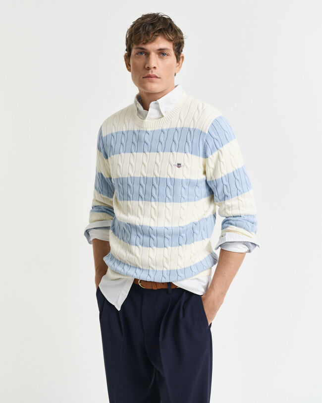 Pull col rond en maille de coton torsadée à rayures