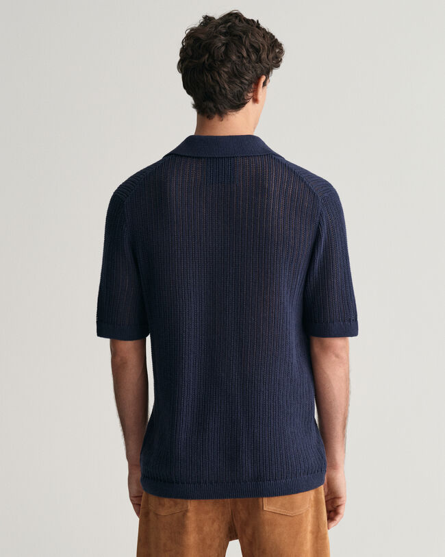 Pull fa&ccedil;on polo en lin m&eacute;lang&eacute; c&ocirc;tel&eacute; &agrave; manches courtes