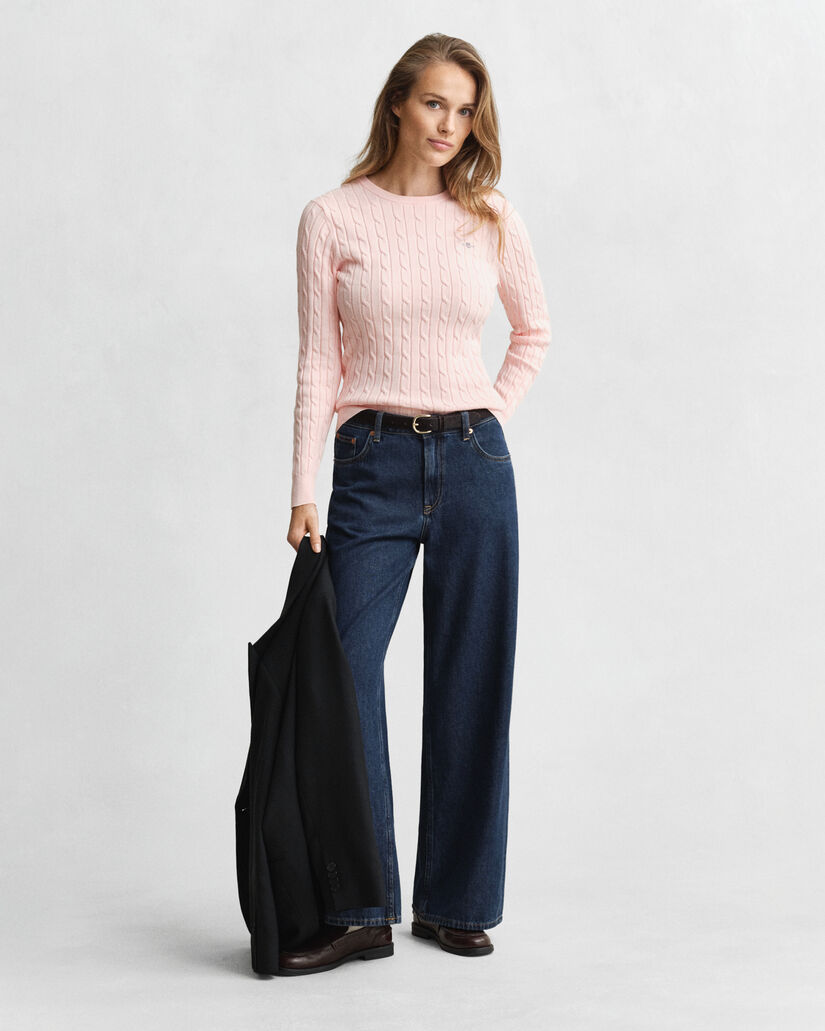 Pull col rond en maille de coton stretch à torsades