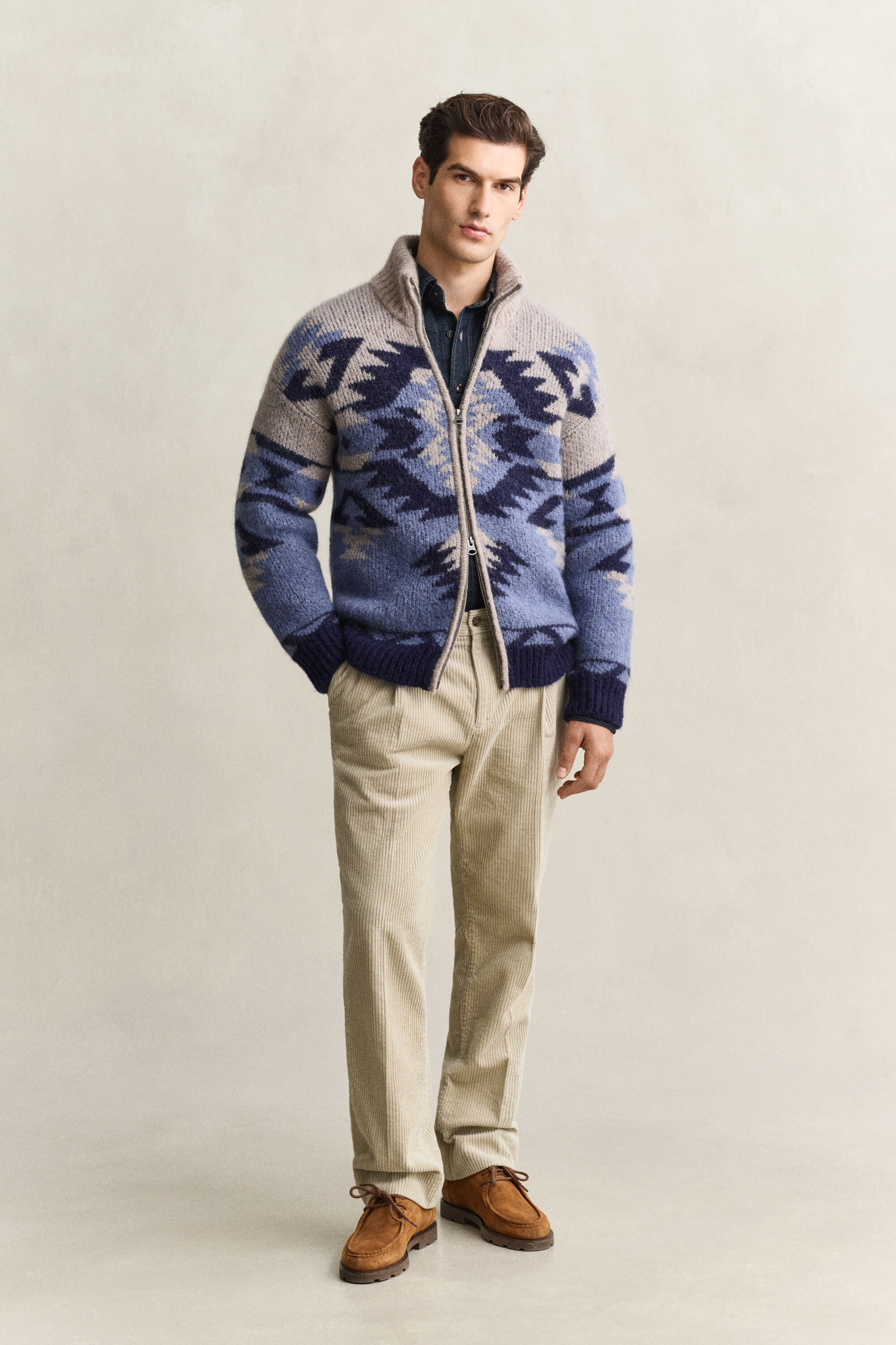 Cardigan jacquard à zip en laine d’alpaga mélangée