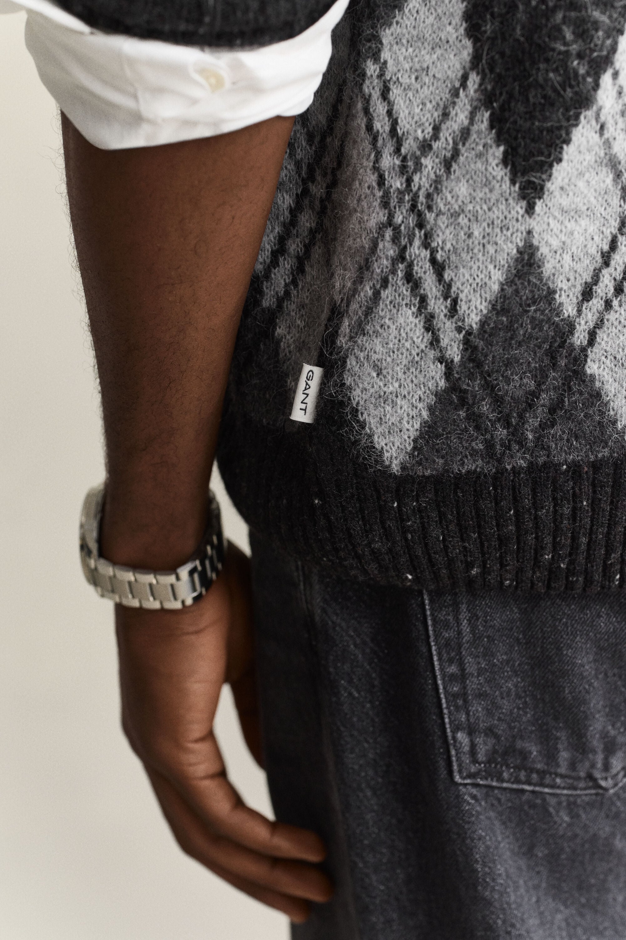 Cardigan façon polo en laine d’alpaga mélangée à motif argyle