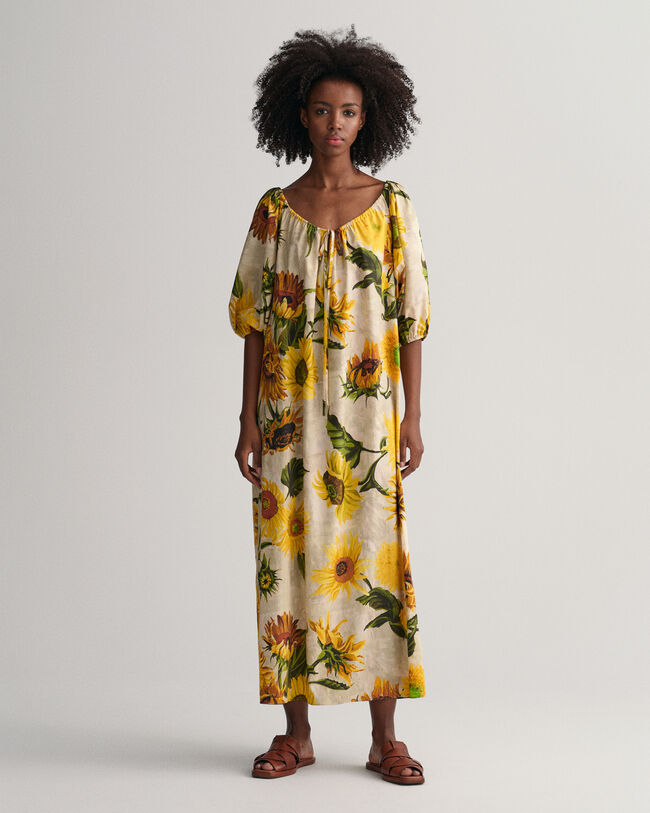 Robe froncée avec imprimé à tournesols