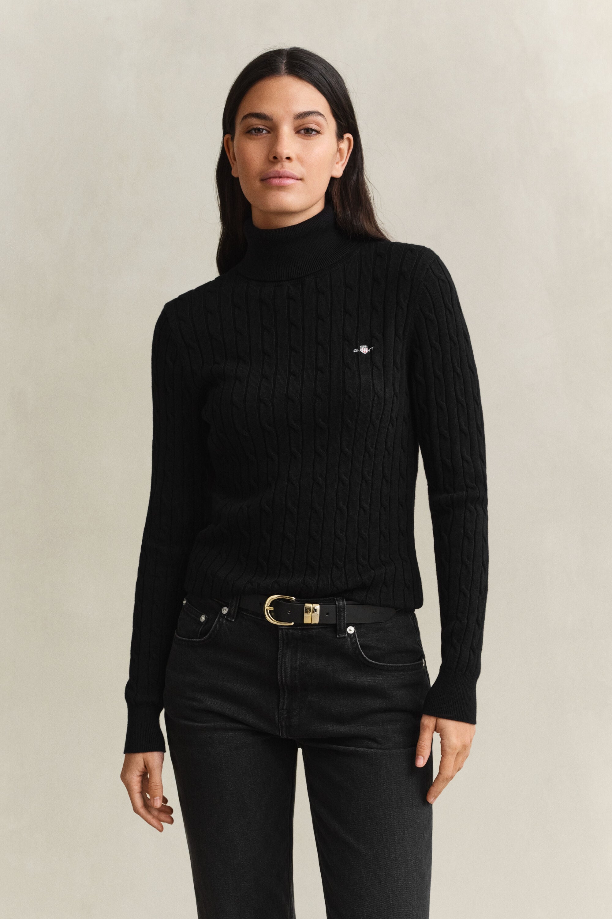 Pull col roulé en maille de coton stretch à torsades